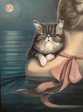 Painting “Bathing the Moon Cat”, Canvas on the subframe, Oil paint, Realist, Animalistic, Germany, 2021 - photo 1
