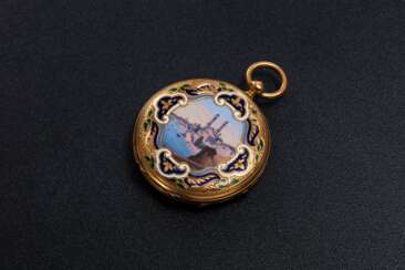 DUMONT GUINAND, A 19TH CENTURY GOLD DOUBLE HUNTER CASE POCKET WATCH WITH ENAMEL PAINTING