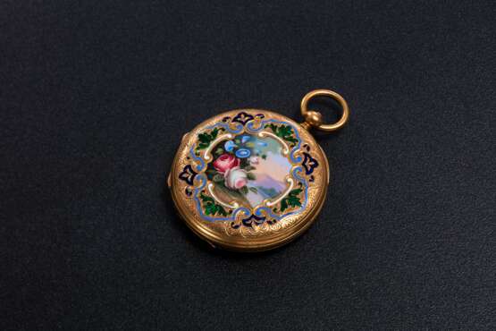 DUMONT GUINAND, A 19TH CENTURY GOLD DOUBLE HUNTER CASE POCKET WATCH WITH ENAMEL PAINTING - photo 2