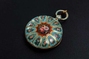 A 19th CENTURY GOLD AND FLORAL ENAMEL POCKET WATCH MADE FOR THE TURKISH MARKET, LE ROY