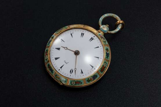 A 19th CENTURY GOLD AND FLORAL ENAMEL POCKET WATCH MADE FOR THE TURKISH MARKET, LE ROY - Foto 2