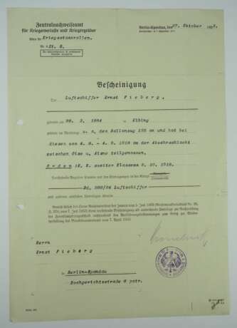 Preussen: Eisernes Kreuz, 1914, 2. Klasse Bescheinigung für einen Luftschiffer im Ballonzug 125. - photo 1