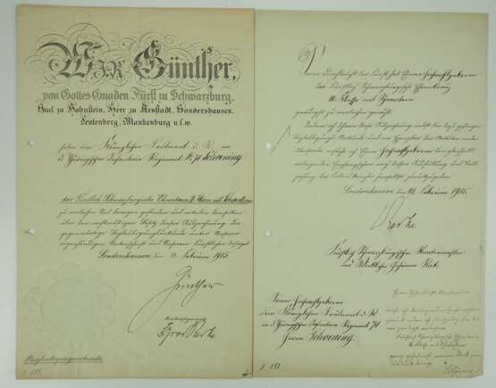 Schwarzburg-Sondershausen: Fürstlich Schwarzburgisches Ehrenkreuz, 3. Klasse mit Schwertern Urkunde für einen Leutnant d.R. im 3. Thüringischen Infanterie-Regiment No. 71. - Foto 1