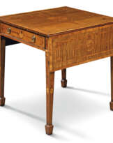 A GEORGE III TULIPWOOD-CROSSBANDED, HAREWOOD, INDIAN ROSEWOOD AND FRUITWOOD MARQUETRY PEMBROKE TABLE
