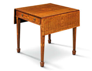 A GEORGE III TULIPWOOD-CROSSBANDED, HAREWOOD, INDIAN ROSEWOOD AND FRUITWOOD MARQUETRY PEMBROKE TABLE