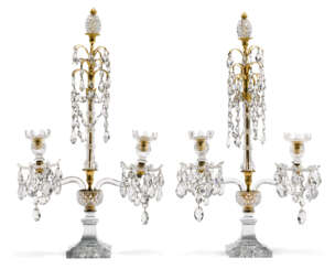 A PAIR OF GEORGE III CUT-GLASS AND ORMOLU TWO-BRANCH CANDELABRA