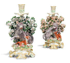 A PAIR OF CHELSEA PORCELAIN FABLE CANDLESTICKS