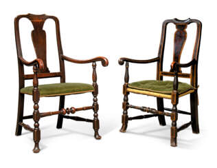 TWO AMERICAN &#39;QUEEN ANNE&#39; EBONISED ARMCHAIRS