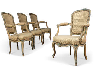 A SET OF FOUR LOUIS XV GREY AND BLUE-PAINTED FAUTEUILS