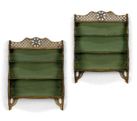 A PAIR OF GREEN AND OCHRE-PAINTED &#39;CHIPPENDALE&#39; HANGING SHELVES