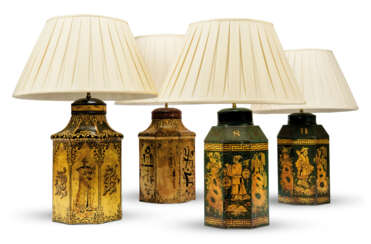 FOUR PAINTED AND GILT TOLE TEA-CANISTER TABLE LAMPS