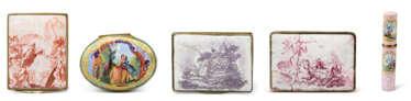 A GROUP OF ENGLISH ENAMEL SNUFF-BOXES AND A STAFFORDSHIRE ENAMEL ETUI