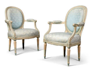 A PAIR OF LOUIS XVI BLUE AND WHITE-PAINTED FAUTEUILS
