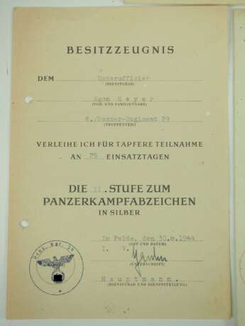 Urkundengruppe eines Unteroffiziers der 6./ Panzer-Regiment 29. - Foto 2