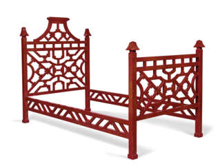 A PAIR OF GILT-DECORATED RED-PAINTED CHINOISERIE TWIN BEDSTEADS