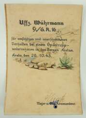 Urkunde für umsichtiges und unerschrockenes Verhalten bei einem Spähtruppunternemen in den Bergen Kretas - 9./ Grenadier-Regiment 16.