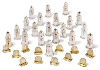 A SET OF TWELVE FRENCH SILVER-GILT NAME-CARD HOLDERS AND TEN PAIRS OF FRENCH SILVER-PLATED SALT SHAKERS AND PEPPERETTES
