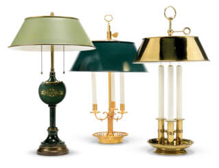 TWO LAMPE BOUILLOTTES AND A TOLE STUDENT'S LAMP