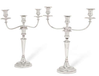A PAIR OF GEORGE III OLD SHEFFIELD PLATE THREE-LIGHT CANDELABRA