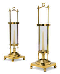A PAIR OF BRASS AND GLASS PHOTOPHORES