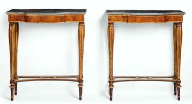 A PAIR OF LATE GEORGE III INDIAN ROSEWOOD AND PARCEL-GILT SIDE TABLES 