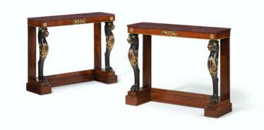 A PAIR OF REGENCY ORMOLU-MOUNTED INDIAN ROSEWOOD, BRONZED AND PARCEL-GILT CONSOLE TABLES
