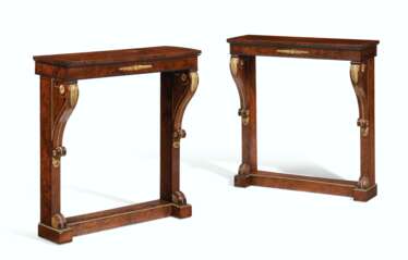 A PAIR OF REGENCY ORMOLU-MOUNTED BURR YEW CONSOLE TABLES 