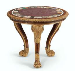 A GEORGE IV PORPHYRY AND SPECIMEN MARBLE ROSEWOOD, GONCALO ALVES AND PARCEL-GILT CENTER TABLE 