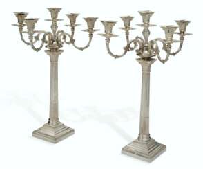 A PAIR OF VICTORIAN SILVER TWO OR FIVE-LIGHT CANDELABRA