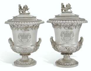 A PAIR OF REGENCY SILVER WINE COOLERS AND COVERS