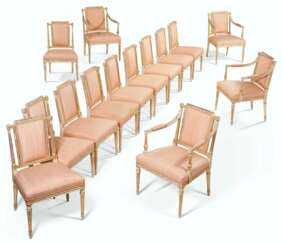 A SET OF FOURTEEN LATE GEORGE III CREAM-PAINTED AND PARCEL-GILT CHAIRS