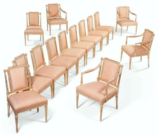 A SET OF FOURTEEN LATE GEORGE III CREAM-PAINTED AND PARCEL-GILT CHAIRS - photo 1
