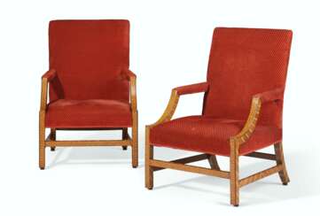 A PAIR OF GEORGE III LABURNUM AND FRUITWOOD LIBRARY ARMCHAIRS