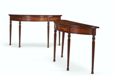 A PAIR OF LATE GEORGE III MAHOGANY DEMILUNE SIDE TABLES