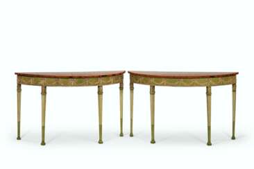 A PAIR OF GEORGE III SYCAMORE, TULIPWOOD, AMARANTH AND MARQUETRY SIDE TABLES ON GREEN AND WHITE PAINTED BASES