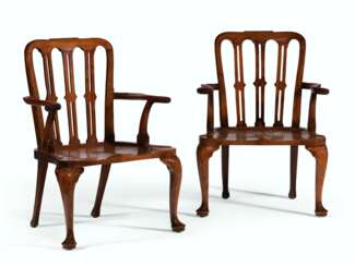  A PAIR OF GEORGE II SOLID MAHOGANY HALL ARMCHAIRS 