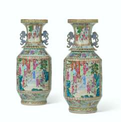 A VERY LARGE PAIR OF CHINESE EXPORT 'CANTON FAMILLE ROSE' PORCELAIN VASES