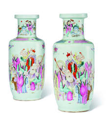 A PAIR OF CHINESE LARGE FAMILLE ROSE ROULEAU VASES