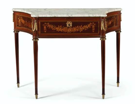 A LOUIS XVI ORMOLU-MOUNTED TULIPWOOD, AMARANTH, AND MARQUETRY CONSOLE TABLE - фото 1