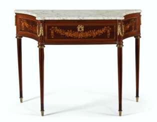 A LOUIS XVI ORMOLU-MOUNTED TULIPWOOD, AMARANTH, AND MARQUETRY CONSOLE TABLE