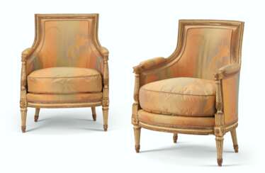 A PAIR OF ROYAL LOUIS XVI WHITE-PAINTED AND PARCEL-GILT BERGERES