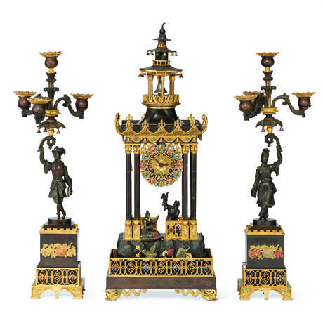 A FRENCH PATINATED, GILT, AND COLD-PAINTED BRONZE THREE-PIECE CLOCK GARNITURE - фото 1