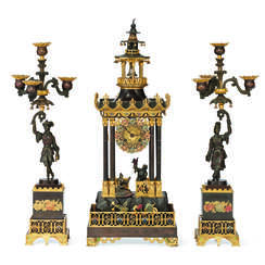 A FRENCH PATINATED, GILT, AND COLD-PAINTED BRONZE THREE-PIECE CLOCK GARNITURE