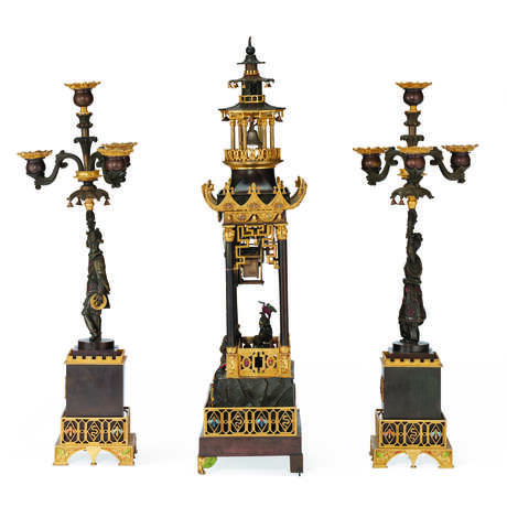 A FRENCH PATINATED, GILT, AND COLD-PAINTED BRONZE THREE-PIECE CLOCK GARNITURE - photo 4
