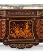Ensemble de meubles. A FRENCH ORMOLU-MOUNTED MAHOGANY, AMARANTH, SYCAMORE AND FRUITWOOD MARQUETRY AND PARQUETRY COMMODE