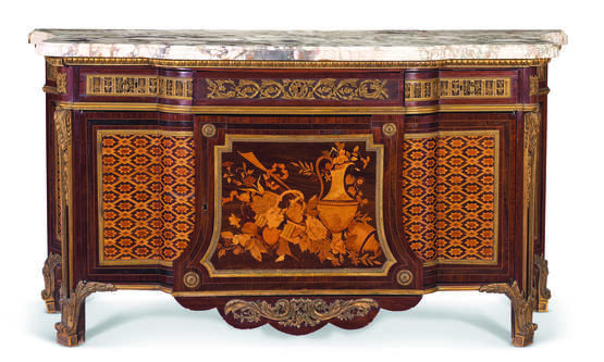 A FRENCH ORMOLU-MOUNTED MAHOGANY, AMARANTH, SYCAMORE AND FRUITWOOD MARQUETRY AND PARQUETRY COMMODE - photo 1