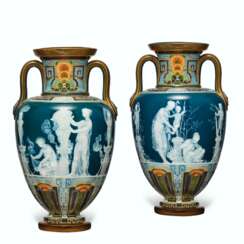 A PAIR OF MINTONS PATE-SUR-PATE PEACOCK-BLUE VASES, 'COSTUMIERES'