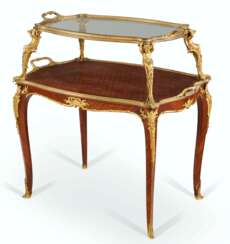 A FRENCH ORMOLU-MOUNTED KINGWOOD AND SATINE PARQUETRY TEA TABLE