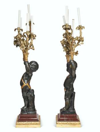 A LARGE PAIR OF FRENCH ORMOLU, PATINATED AND PARCEL-GILT BRONZE AND ROUGE GRIOTTE MARBLE FIGURAL FIVE-LIGHT CANDELABRA - фото 5