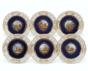 A SET OF SIX MEISSEN PORCELAIN COBALT-BLUE GROUND RETICULATED PLATES